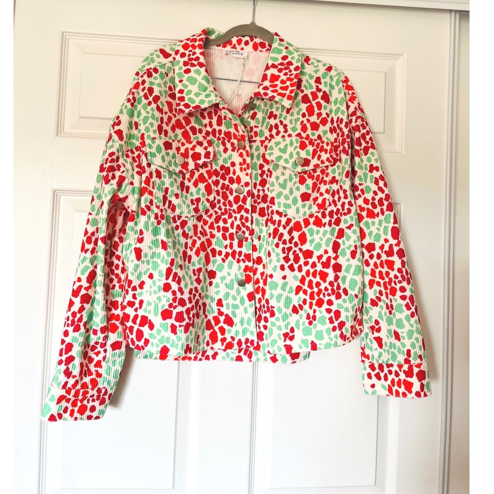 Emily Wonder Womens Red Mint Leopard Print Corduroy Trucker Jacket NWT